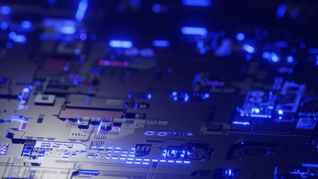 Hightech Platine in futuristischer optik mit blauem LED Licht in Topdown Ansicht mit vielen Details