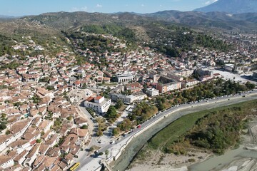 Berat Albaniais a city on the Osum River, aerial panorama landscape view of historical city,castle...