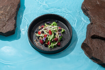 Ceramic bowl with blue clear water with berry salad