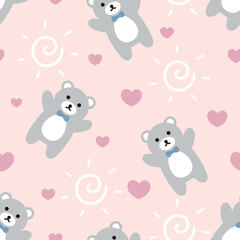 grey teddy bear with bow tie and kawaii hearts, pink girly seamless pattern background with abstract sun, kids cute woodland animals fabric and textile print design.