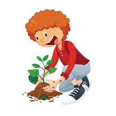 Cute little boy planting a plant vector illustration