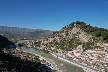 Berat Albaniais a city on the Osum River, aerial panorama landscape view of historical city,castle...