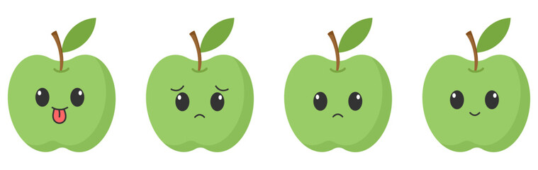 Green apple with kawaii eyes. Flat design vector illustration of green apple
on white background.