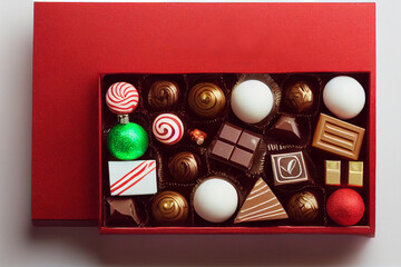 box of christmas themed chocolates in a red box, delicious looking belgian chocolate