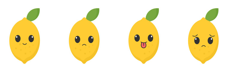 Yellow lemon with kawaii eyes. Flat design vector illustration on white background.