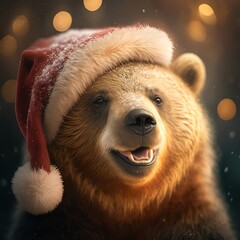 smiling brown bear wearing a santa hat 