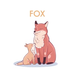 A fox with a fox cub. Mom and baby. Forest animals. A card for studying animals.