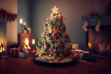 Christmas interior with a colorful decorated Christmas tree with a star, presents, and a fireplace, AI generated image