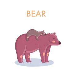 A bear with a bear cub. Mom and baby. Forest animals. A card for studying animals.