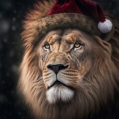 lion head portrait with christmas hat