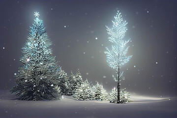 Beautiful magical glittering Christmas tree in the snowy winter forest, AI generated image