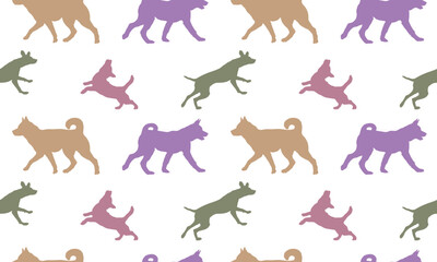 Dogs different colors isolated on a white background. Seamless pattern. Endless texture. Design for fabric, decor, wallpaper, wrap, surface design.