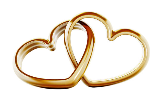 Gold heart shaped rings attached to each other on transparent background.