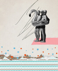 Contemporary art collage. Creative design with three funny men standing in flamingo swimming circle, ready to swim