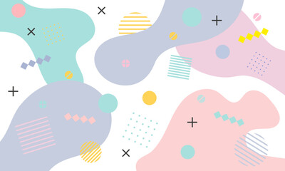 Abstract memphis background. Fluid shapes and different figures on white background. Colorful pattern from geometric shapes in Memphis 80s-90s style.