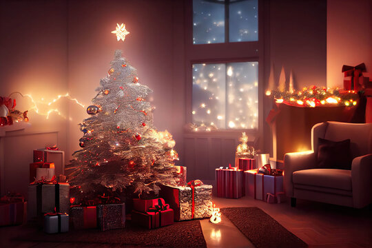 Beautiful warm and cozy Christmas interior with a Christmas tree and presents, AI generated image