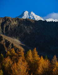 The peaks of Val Camonica with the first snow, glaciers, foliage and autumn colors, near the town of Ponte di Legno, Italy - October 2022.