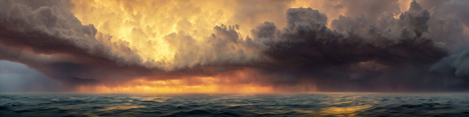 Dramatic cloudscape over the ocean. Storm warning and bad weather forecast. Super wide format.