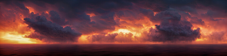 Dramatic red cloudscape, dangerous storm coming from the sea and dusk. panorama format.