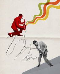 Contemporary art collage. Creative design with artistic young man in a suit playing saxophone. Live...
