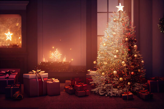 Beautiful Christmas interior with a decorated Christmas tree with presents, warm light, AI generated image