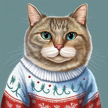 cat wearing a Christmas sweater, cat Christmas card, portrait of a cat with knitted jumper, pet winter fashion