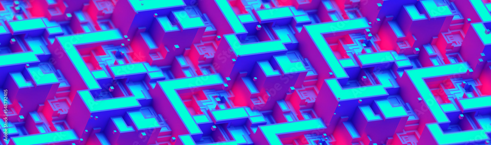 Poster 3d digital technology concept. isometric cubes and rectangles with data block in motion. cloud techn