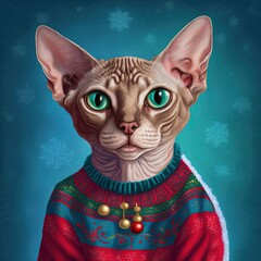 Devon rex cat wearing a Christmas sweater, cat Christmas card, portrait of a hairless cat with knitted jumper, pet winter fashion