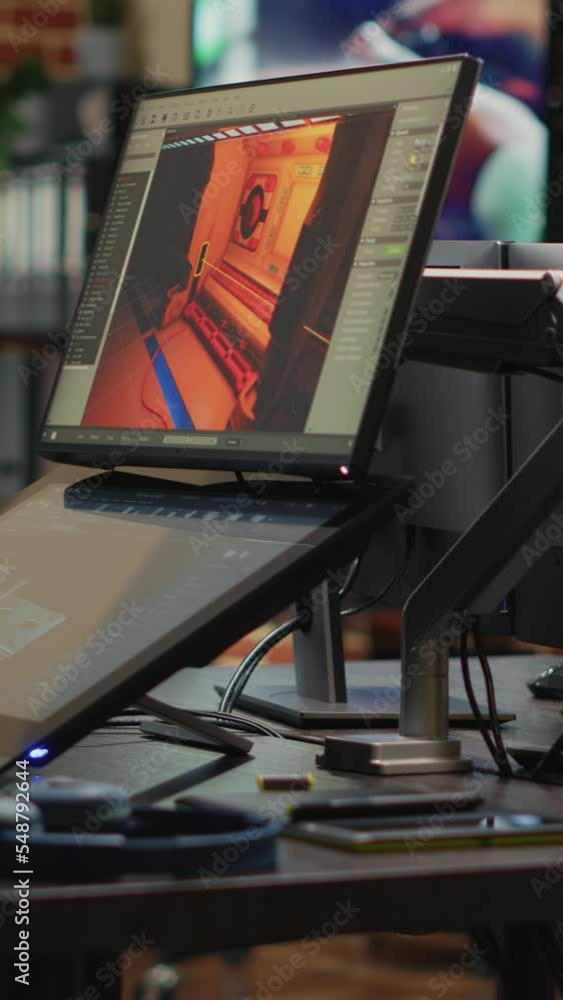 Poster vertical video: empty electronics with multiple screens to develop artistic modern content, showing 
