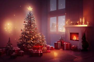 Christmas interior with a Christmas tree with presents and a fireplace, warm light, AI generated image