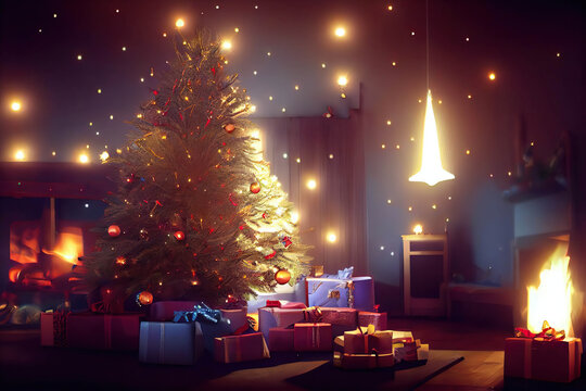 Wonderful magical Christmas interior with a Christmas tree, presents, fireplace and Christmas lights, AI generated image