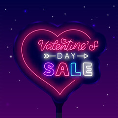 Valentines Day Sale neon banner. Laser street billboard. Heart frame. February special offer. Vector stock illustration