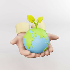 3D hand holding the planet earth icon. Safe the earth, safe energy and ecological concept. safe the word symbol 3d render illustrator.