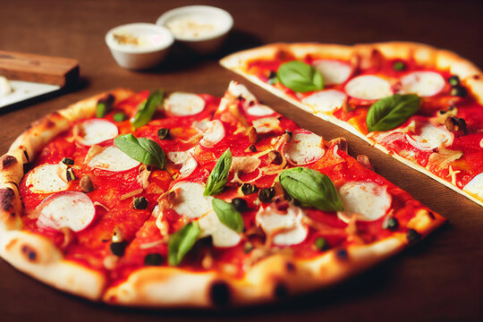 Delicious Italian pizza pies on wooden table, close-up view, basil and tomato sauce, mushrooms