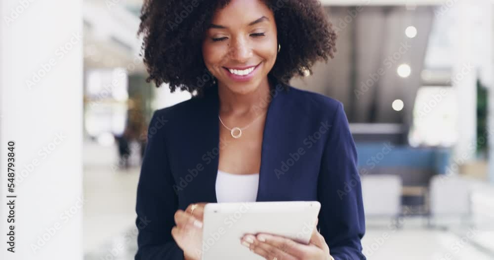 Canvas Prints Tablet, walking and portrait with a business black woman doing online research in her office at work. Motivation, success and smile with a happy female employee in a company corridor for a walk