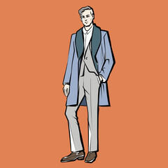 Young man. Fashion male model in suit. Ink pen drawing