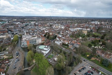 Guildford town centre Surrey UK drone aerial view.