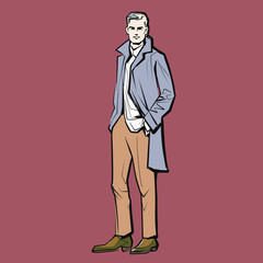 Young man. Fashion male model in suit. Ink pen drawing