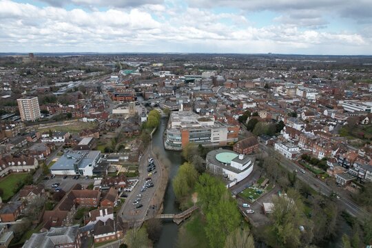 Guildford town centre Surrey UK drone aerial view.