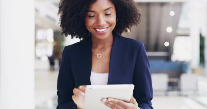 Tablet, walking and portrait with a business black woman doing online research in her office at work. Motivation, success and smile with a happy female employee in a company corridor for a walk