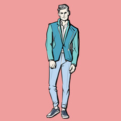 Young man. Fashion male model in suit. Ink pen drawing