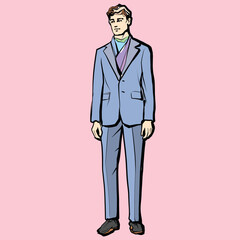 Young man. Fashion male model in suit. Ink pen drawing