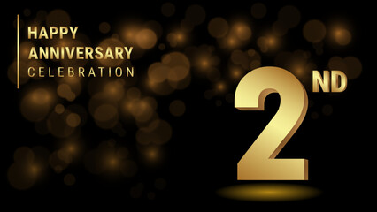 2nd Anniversary. 3d template design with gold color for celebration events, invitations, greeting cards, banners, posters and flyers. Vector Template Illustration