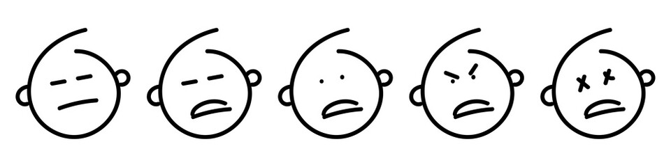 Set of outline emoticons doodle sad face icon. Black line emoji on white isolated background. Vector illustration symbol collection.