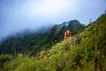 girl in pigtails stands at the top of the kuliouou ridge trail admiring the panorama of oahu,...