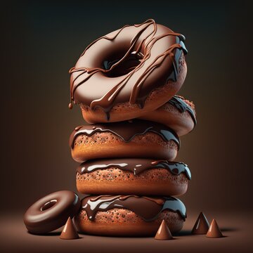 Stack of delicious chocolate donuts, 3d render style