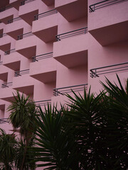 Geometry of pink house and palm trees, Budva, Montenegro