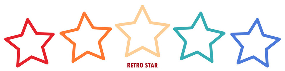 Colorful rating 5 stars in retro style on a white background. Feedback concept for mobile app or website. Quality shape design. Vector illustration in 1970s 1980s 1960s style.