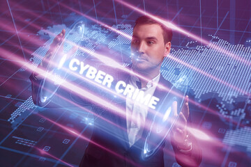 Business, Technology, Internet and network concept. Young businessman working on a virtual screen of the future and sees the inscription: Cyber crime
