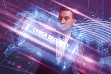 Business, Technology, Internet and network concept. Young businessman working on a virtual screen of the future and sees the inscription: Cyber security